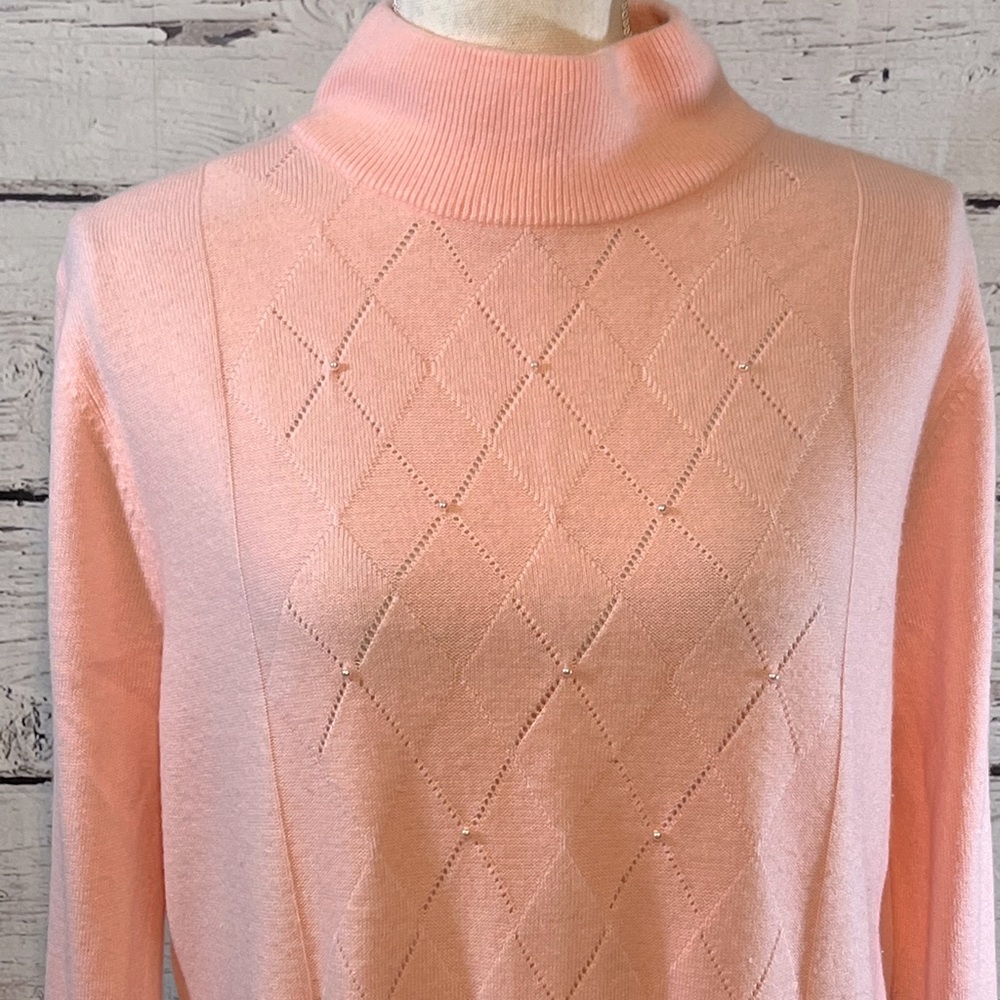 BASIC EDITIONS Sweater High Neck Diamond Design Front w Pearl Details-XL